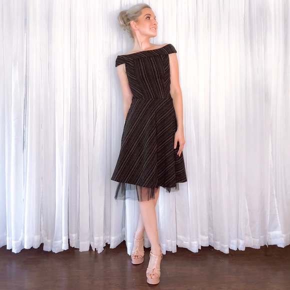 Black Stripe Off Shoulder Fit and Flair Dress - Picture 3 of 8